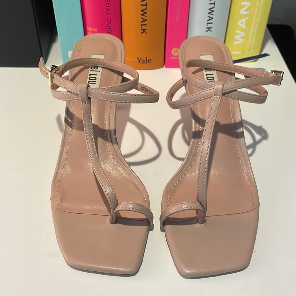 Anthropologie Bibi Lou Nude Minimalist Strappy Kitten Heel Sandals Elegant Chic